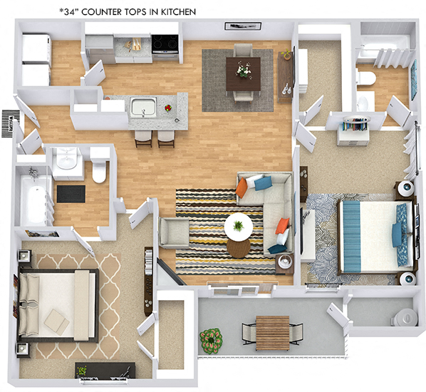 Floor plan for 2 beds, 2 baths, 1050 sqft